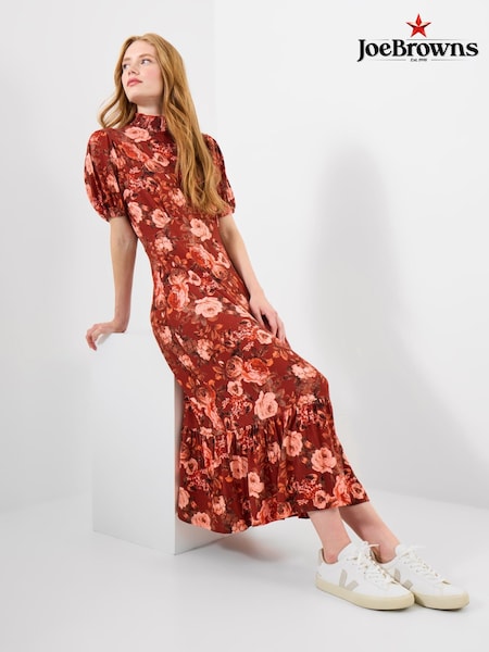 Joe Browns Brown Petite Oversized Autumnal Floral Vintage High-Neck Jersey Midi Dress (Y15122) | €80
