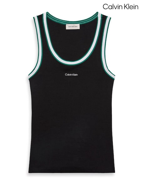 Calvin Klein Black Contrast Trim Ribbed Logo Graphic Tank Top (Y15321) | €51