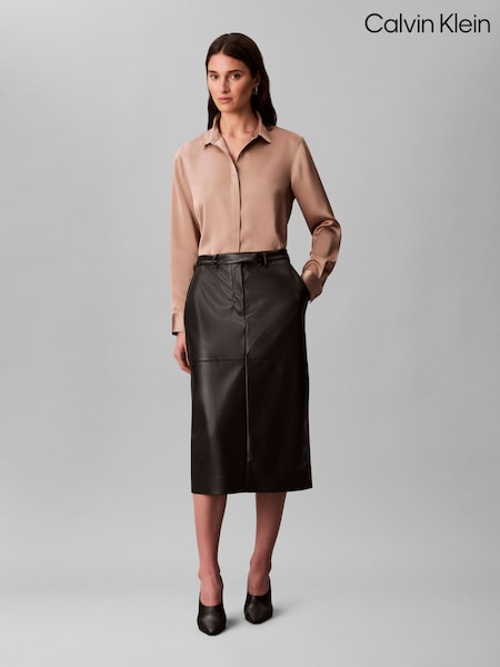 Calvin Klein Black Faux Leather Midi Skirt (Y15341) | €156