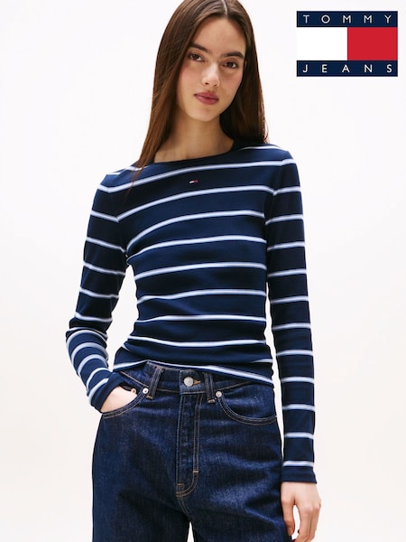 Tommy Jeans Blue Ribbed Slim Long Sleeve T-Shirt (Y15550) | €50