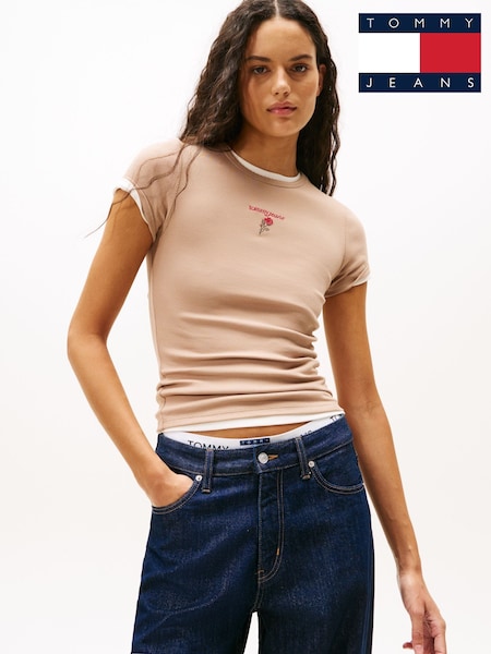 Tommy Jeans Brown Logo Embroidery Slim T-Shirt (Y15554) | €46