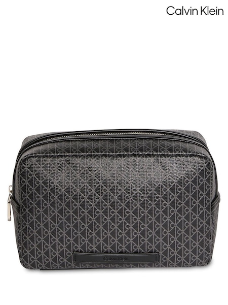 Calvin Klein Black Allover Monogram Logo Zip Dopp Kit Wash Bag (Y15560) | AED495