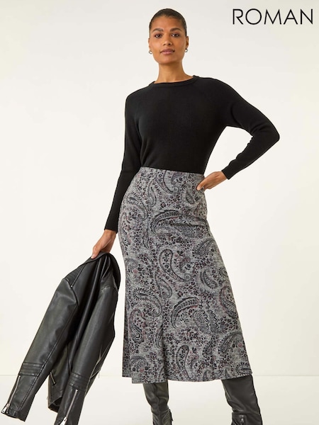 Roman Grey Paisley Print Stretch Midi Skirt (Y15638) | AED262