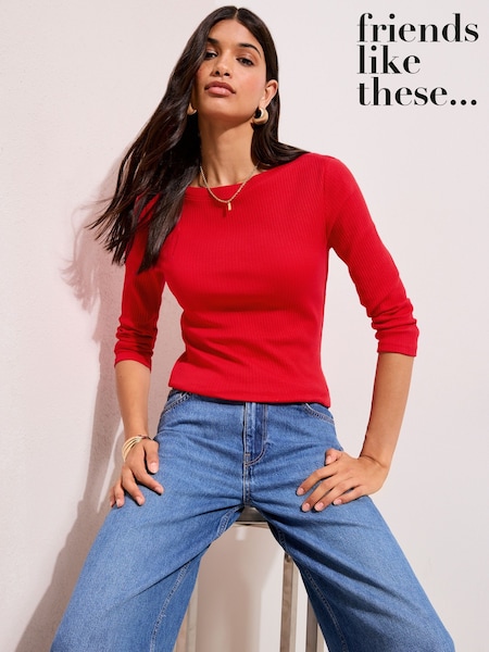 Friends Like These Bright Red 3/4 Sleeve Ribbed Boat Neck T-Shirt (Y15774) | €21