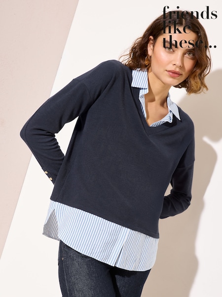 Friends Like These Navy 2 in1 Button Shoulder Poplin Jersey Jumper (Y15807) | ৳ 7,450