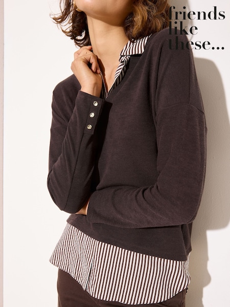 Ciocolatiu - Friends Like These 2 in1 Button Shoulder Poplin Jersey Jumper (Y15829) | 290 LEI