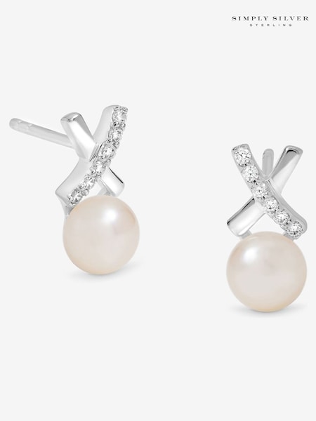 Simply Silver 925 Sterling Silver Polished and Pave Kiss Pearl Stud Earrings (Y15932) | €46
