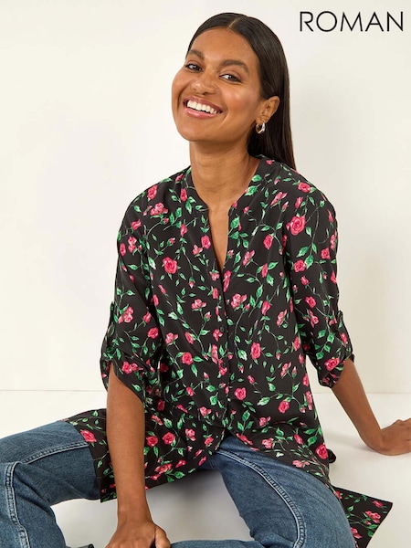 Roman Red Rose Print Longline Buttoned  Blouse (Y15938) | €56