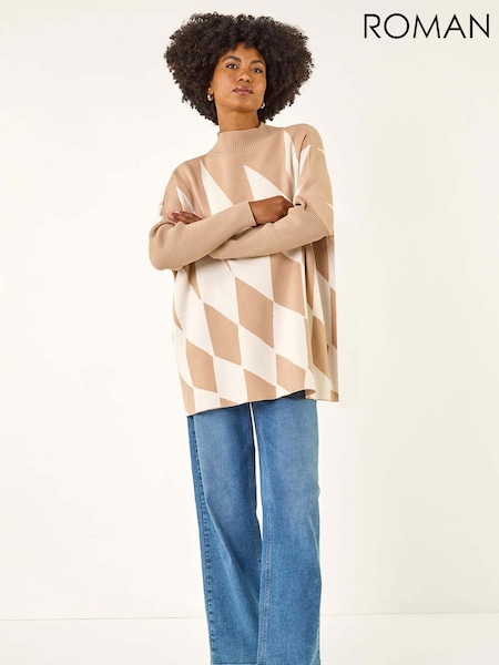 Roman Natural Geometric Plaid Knit Poncho (Y15951) | €56