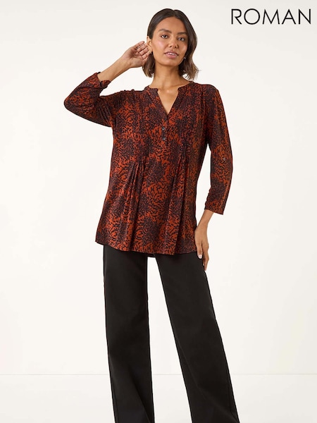 Roman Red Abstract Print Pintuck Stretch Blouse (Y15953) | €56
