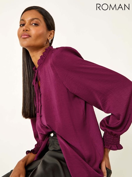 Roman Purple Ruffle Front Tie Neck Blouse (Y15955) | €55