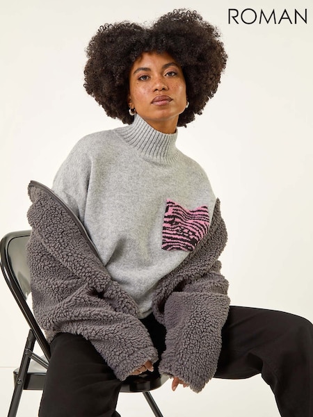 Roman Grey Animal Print Pocket Knit Jumper (Y15966) | €60