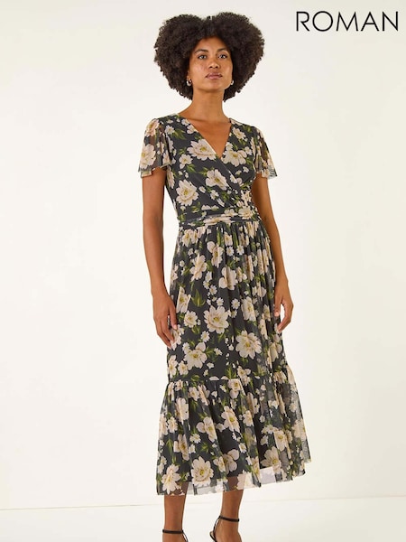 Roman Black Floral Print Mesh Maxi Dress (Y15969) | €93