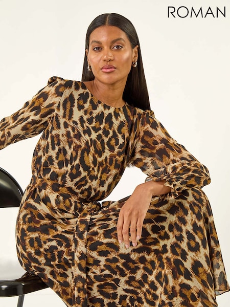 Roman Brown Animal Print Shirred Midi Dress (Y15972) | €77
