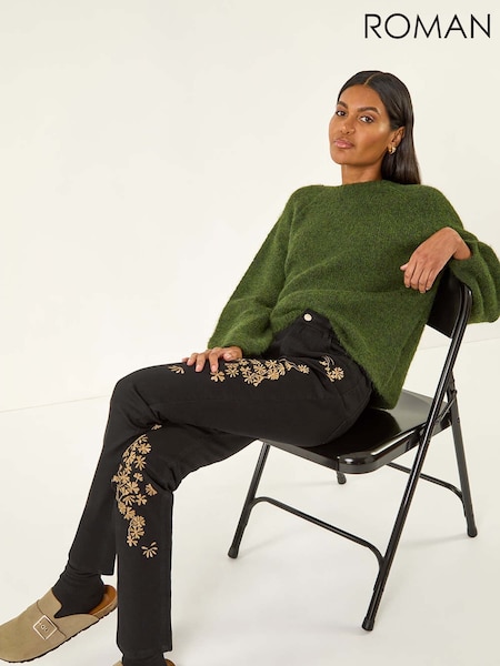 Roman Black Floral Embroidered Stretch Denim Trousers (Y15973) | €63