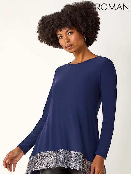 Roman Blue Sequin Hem Tunic Stretch Top (Y15980) | €60