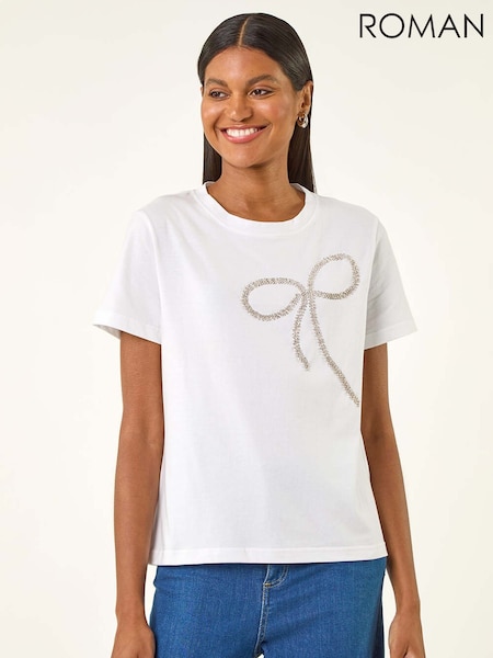 Roman White Diamante Hotfix Bow T-Shirt (Y15981) | 198 QAR