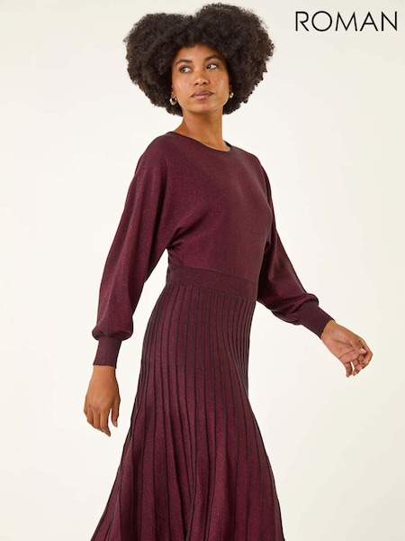 Roman Red Shimmer Pleated Knit Midi Dress (Y15983) | 359 QAR