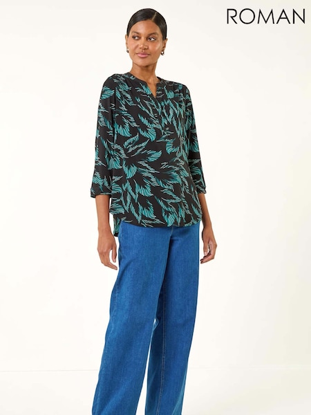 Roman Blue Leaf Puff Print Stretch Top (Y15985) | €59