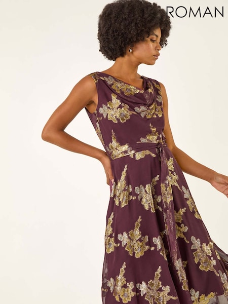 Roman Metallic Jacquard Cowl Neck Midi Dress (Y15988) | R$ 785