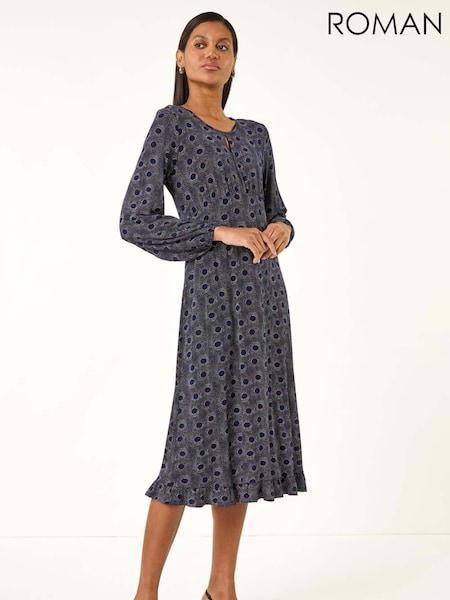 Roman Blue Spot Print Keyhole Midi Dress (Y15992) | €64