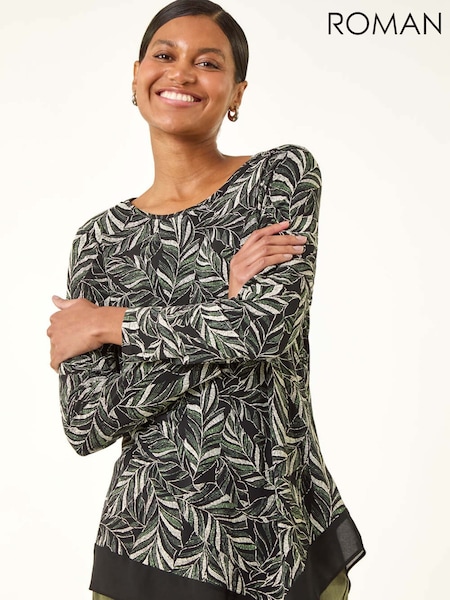 Roman Green Leaf Puff Print Stretch Tunic Top (Y16005) | €48