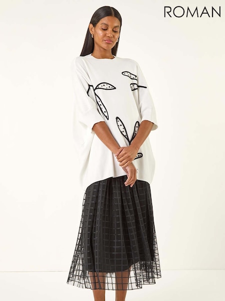 Roman White Leaf Embroidered Knit Jumper (Y16010) | €56