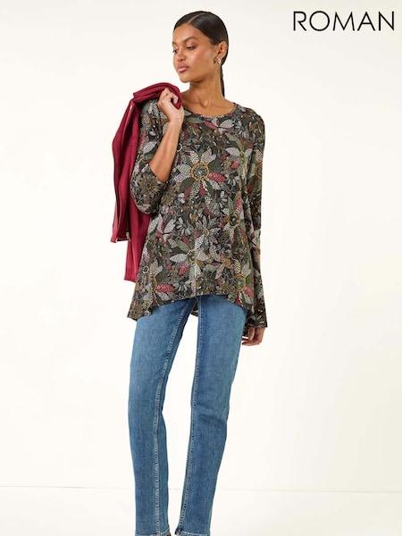 Roman Green Floral Puff Print Stretch Top (Y16023) | €53
