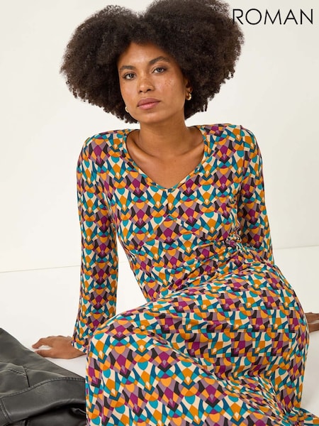 Roman Yellow Geo Print Stretch Midi Dress (Y16024) | €58
