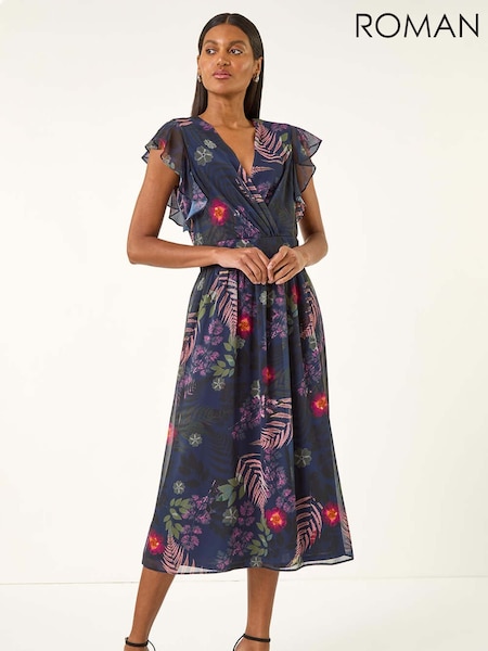 Roman Blue Floral Print Frill Midi Dress (Y16028) | 402 QAR