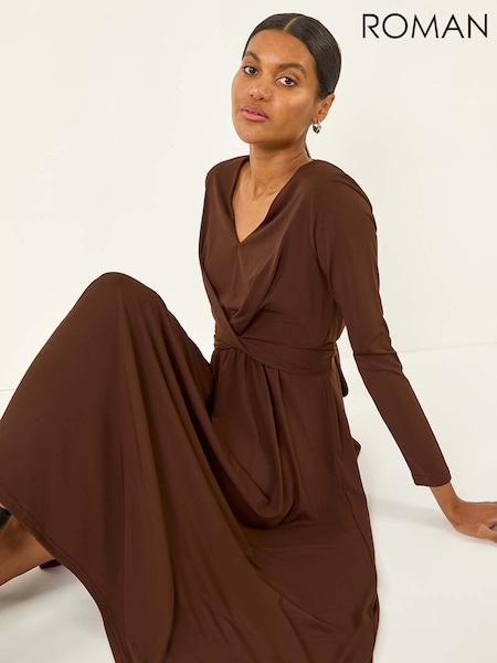 Roman Brown Twist Front Stretch Midi Dress (Y16036) | €66