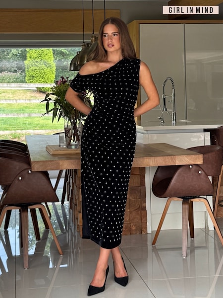 Girl In Mind Black Donna Asymmetric Neckline Beaded  Midi Dress (Y16040) | €101