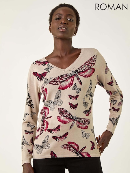 Roman Cream Butterfly V-Neck Knit Jumper (Y16099) | €60