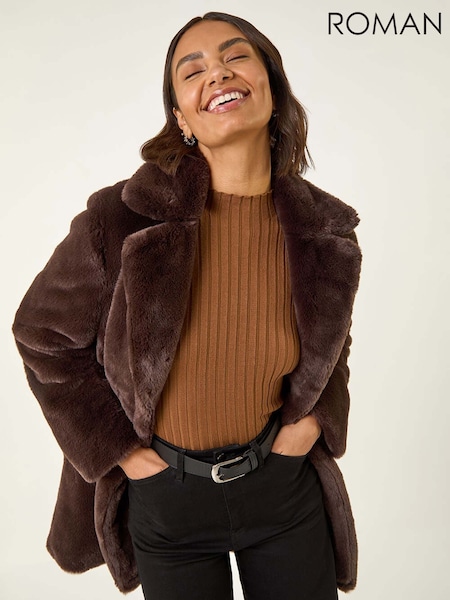 Roman Brown Faux Fur Longline Coat (Y16108) | €102