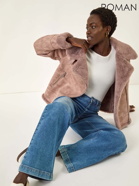 Roman Pink Contrast Aviator Fur Coat (Y16109) | R$ 1.030