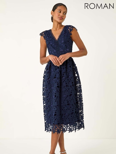 Roman Blue Premium Crochet Lace Midi Dress (Y16114) | €106