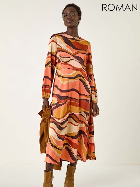 Roman Orange Abstract Print Midi Dress (Y16124) | €64