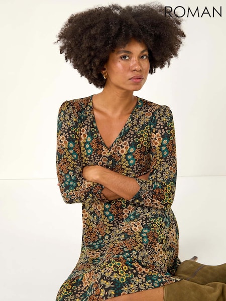 Roman Blue Floral Print V-Neck Stretch Dress (Y16126) | €63