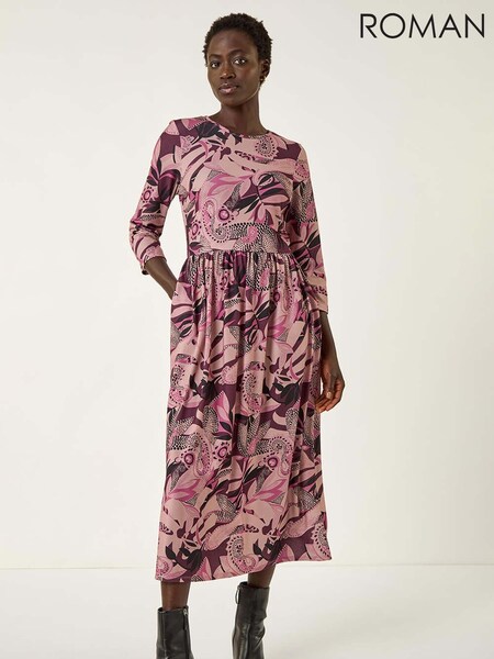 Roman Pink Floral Print Gathered Stretch Midi Dress (Y16141) | €60