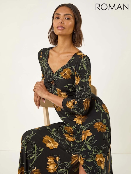Roman Yellow Floral Print Ruched Stretch Midi Dress (Y16144) | €66