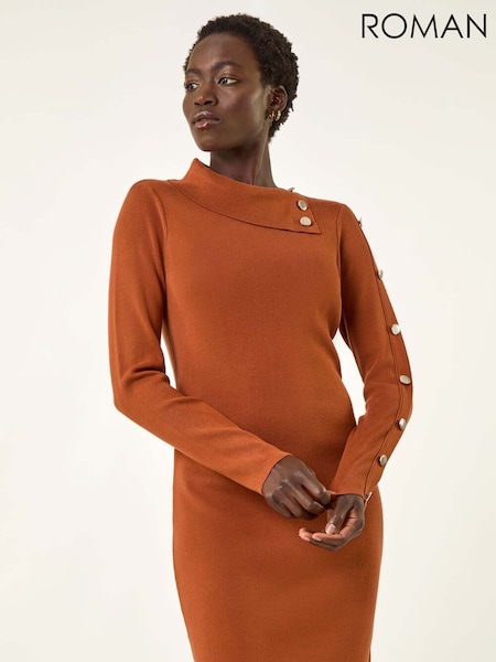 Roman Brown Button Detail Roll Neck Jumper Dress (Y16148) | €66