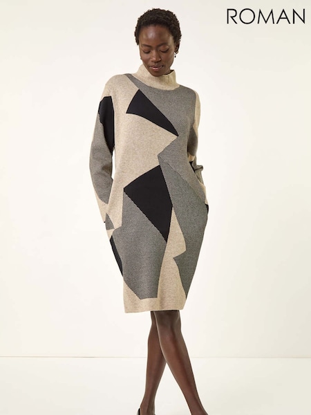 Roman Grey Geometric Knit Jumper Dress (Y16151) | €105