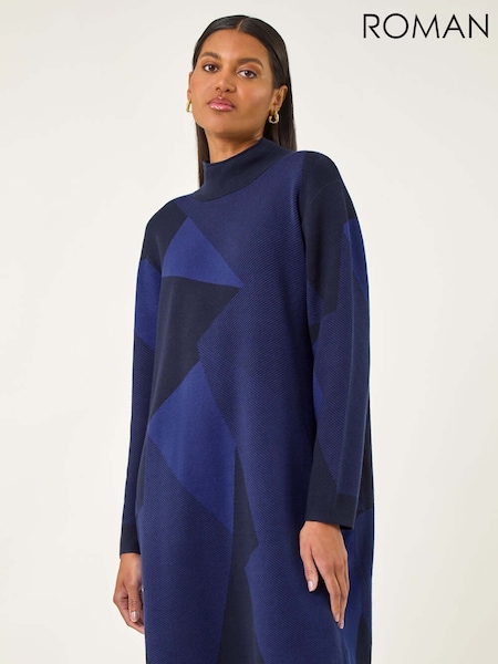 Roman Blue Geometric Knit Jumper Dress (Y16154) | €105