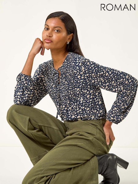 Roman Blue Printed Shirred Tie Neck Blouse (Y16184) | €57