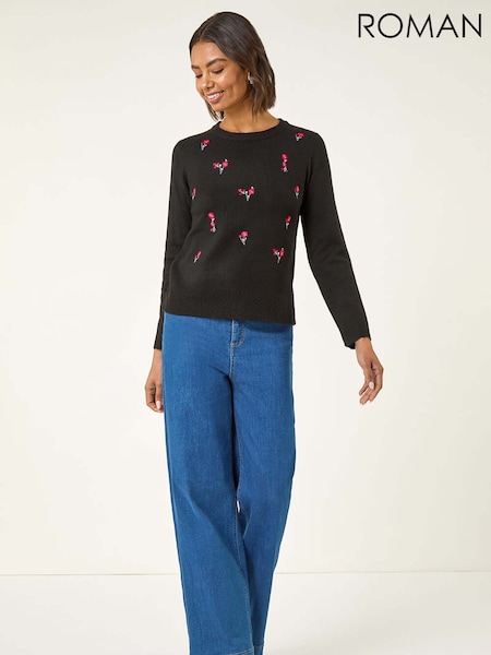 Roman Black Floral Embroidered Knit Jumper (Y16191) | R$ 510