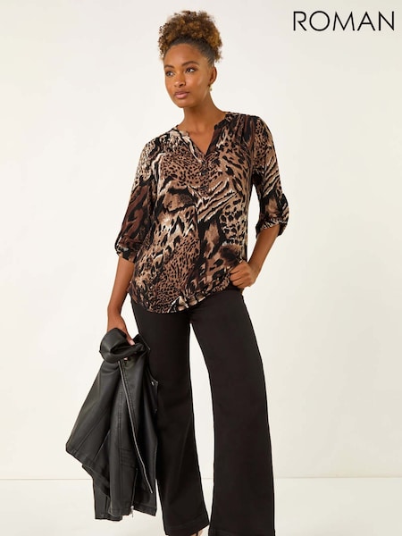 Roman Brown Animal Puff Print Stretch Blouse (Y16209) | €56