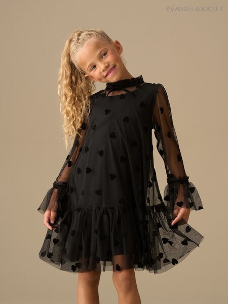 Angel & Rocket Black Neve Flock Heart Mesh Dress (Y16291) | R$ 335 - R$ 395