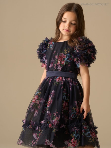 Angel & Rocket Blue Florence Navy Ruffle Mesh Sleeve Dress (Y16332) | €86 - €97