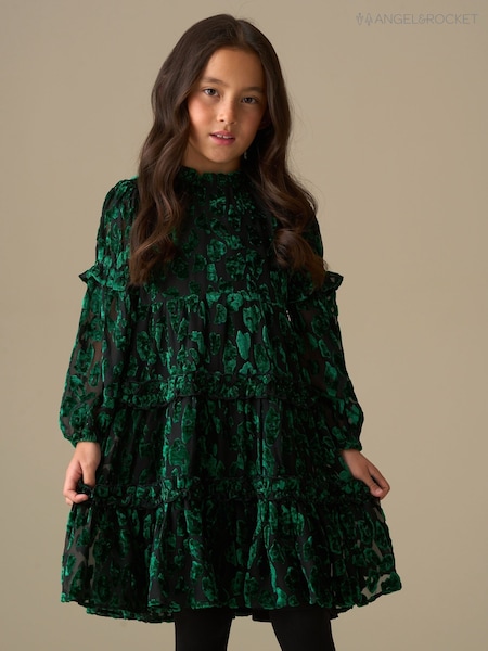 Angel & Rocket Green Poppy Devore Velvet Tiered Dress (Y16333) | R$ 375 - R$ 415