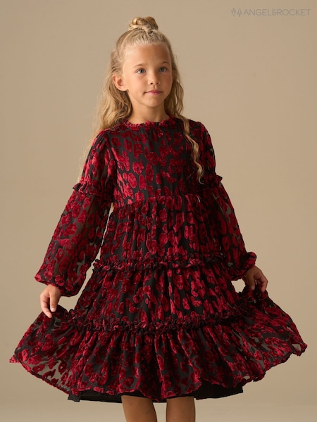 Angel & Rocket Red Poppy Devore Velvet Tiered Dress (Y16352) | R$ 375 - R$ 415
